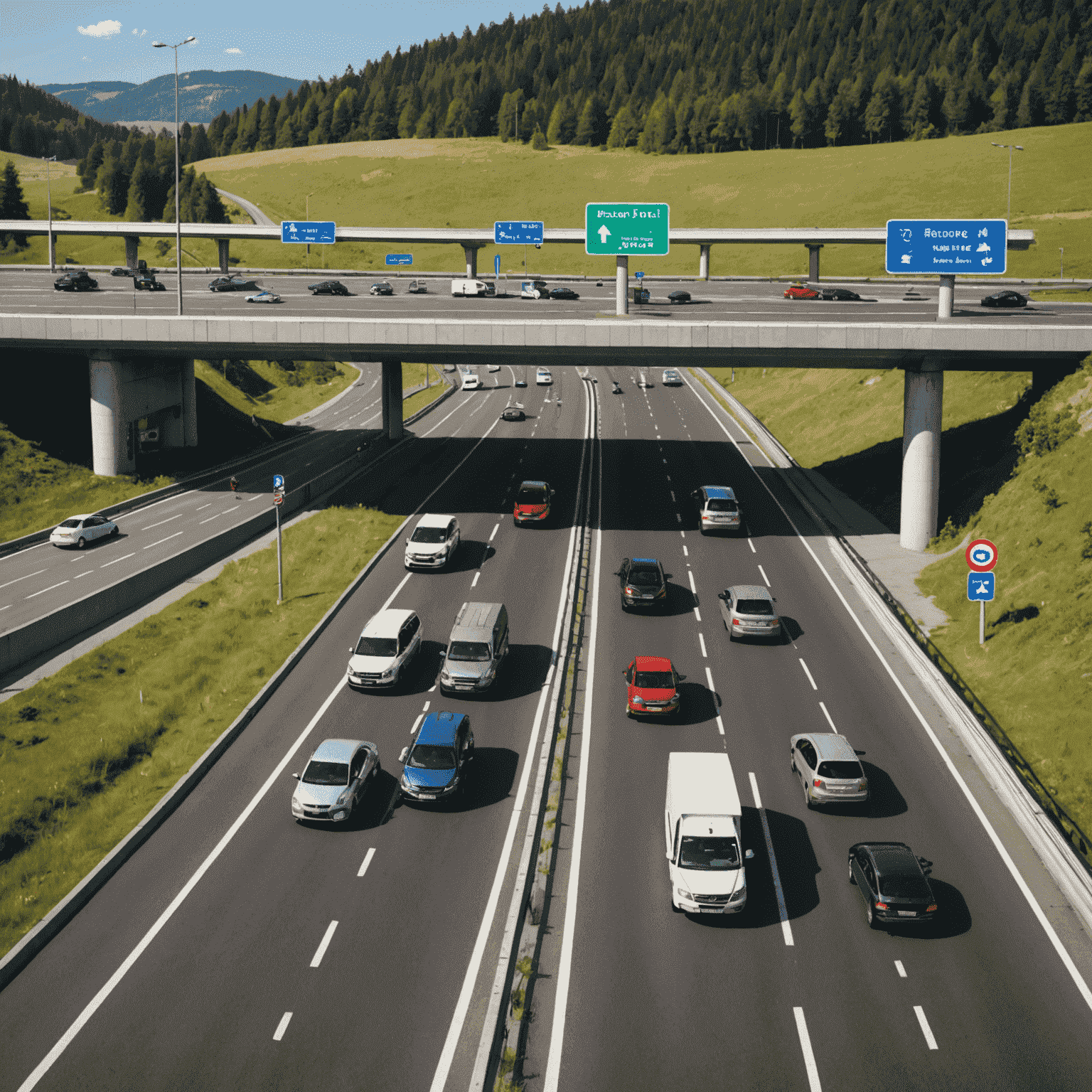 Europäische Autobahn mit Mautstation und verschiedenen Fahrzeugen