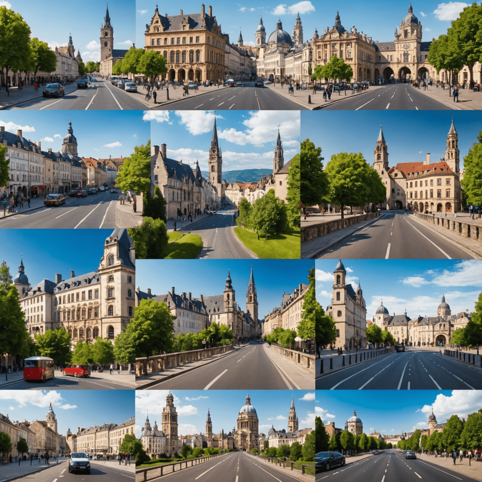 Eine Montage berühmter europäischer Sehenswürdigkeiten und landschaftlicher Schönheiten, die man auf einer Autoreise entdecken kann