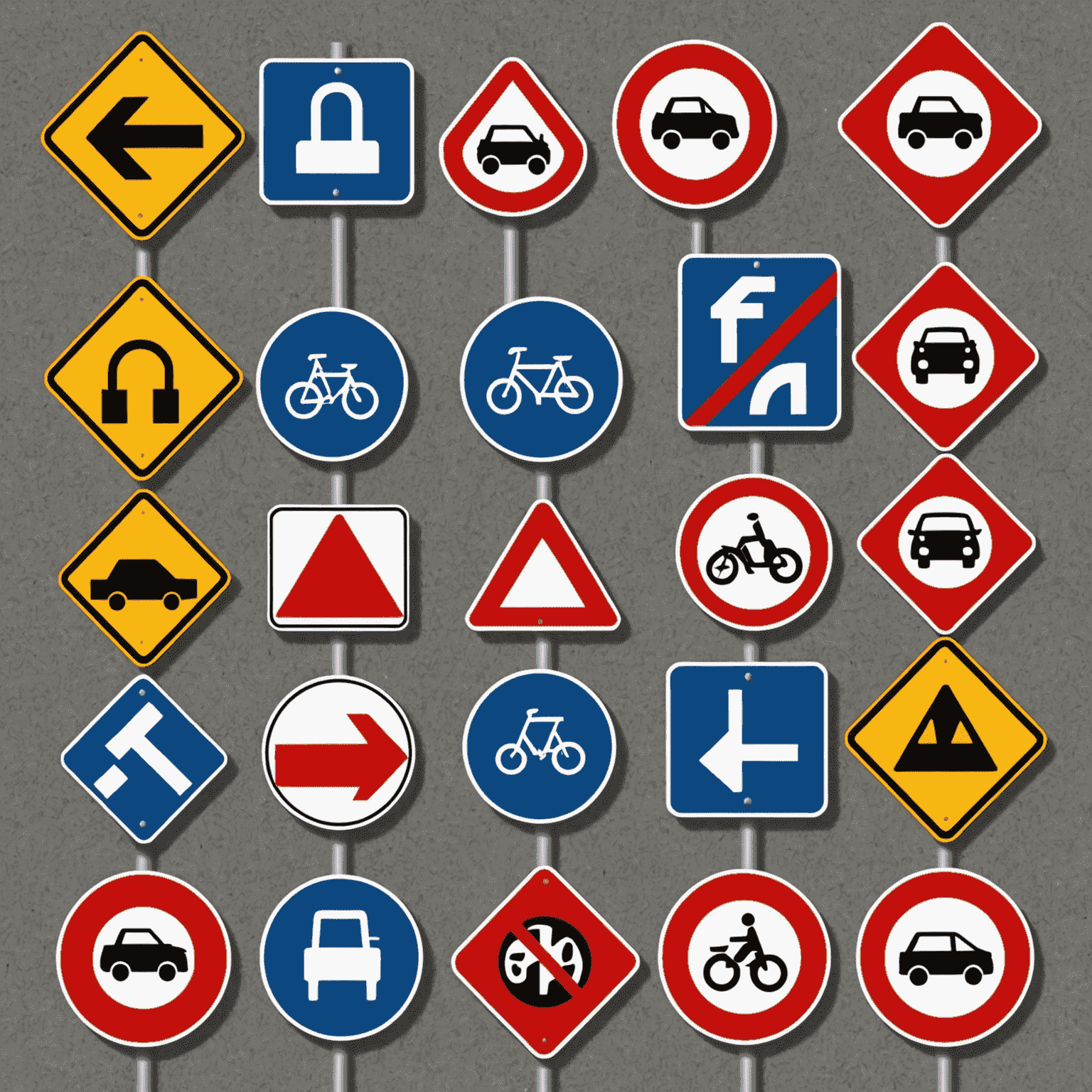 Eine Sammlung verschiedener europäischer Verkehrszeichen und Symbole, die Sicherheit und kulturelle Unterschiede im Straßenverkehr darstellen